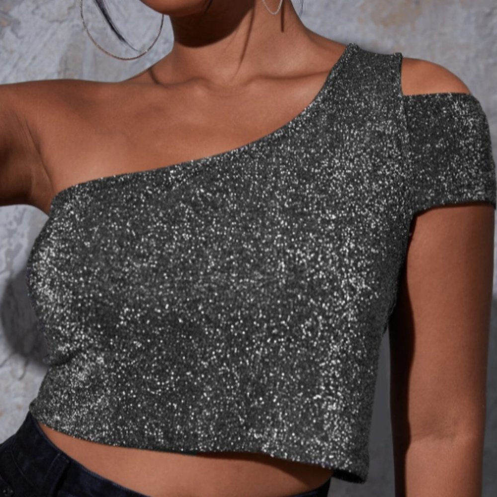 Plus Glitter Cut Out One Shoulder Top